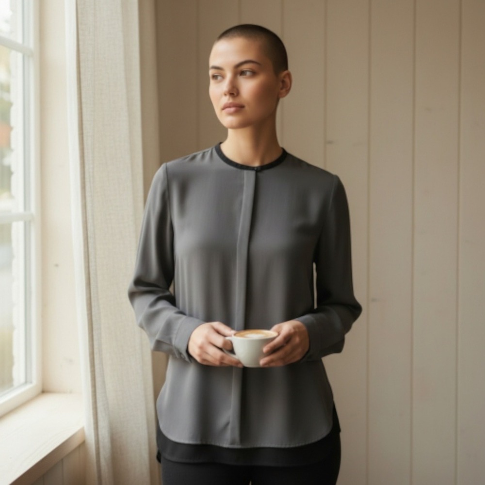 Vince 100% Silk Gray Longline Blouse 6 Mixed Media Back Minimalist Corporatecore